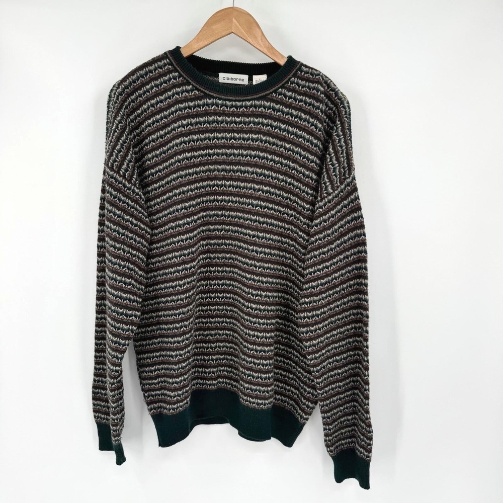 Claiborne 90s Jewel-Toned Knit MidWeight Geometric Pullover Wool Sweater Men's L